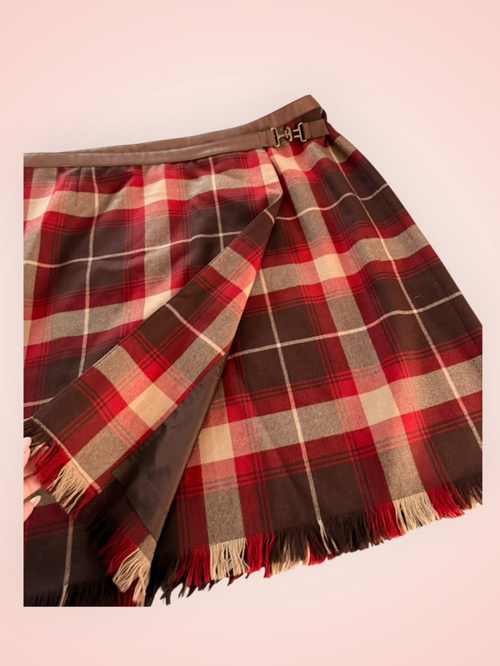 Jones anew York Plaid Fringe Wrap Skirt in Red, Brown & Cream sz 16